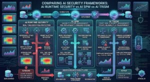 A complex and comprehensive comparative infographic diagram visually explaining 'Comparing AI Security Frameworks: AI Runtime Security vs AI SPM vs AI TRiSM'. It features a robust three-column comparison grid below a main title, glowing with cyan, blue, purple, magenta, and red lines and surfaces on a dark technical circuit-mesh background, dense with detailed callout boxes linked by glowing pathways. The layout covers 'AI RUNTIME SECURITY' for real-time execution protection, 'AI SPM (SECURITY POSTURE MANAGEMENT)' for pre-deployment and ongoing hygiene, and 'AI TRiSM (TRUST, RISK, & SECURITY MANAGEMENT)' for ethics, reliability, and transparency, contrasting their features and outcomes. The entire design is visualised as an intricate network.