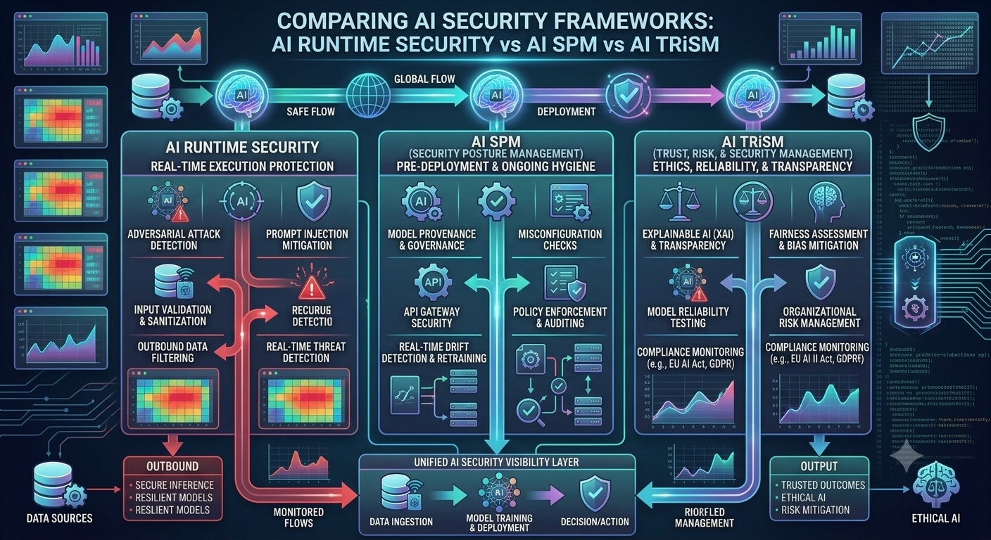 A complex and comprehensive comparative infographic diagram visually explaining 'Comparing AI Security Frameworks: AI Runtime Security vs AI SPM vs AI TRiSM'. It features a robust three-column comparison grid below a main title, glowing with cyan, blue, purple, magenta, and red lines and surfaces on a dark technical circuit-mesh background, dense with detailed callout boxes linked by glowing pathways. The layout covers 'AI RUNTIME SECURITY' for real-time execution protection, 'AI SPM (SECURITY POSTURE MANAGEMENT)' for pre-deployment and ongoing hygiene, and 'AI TRiSM (TRUST, RISK, & SECURITY MANAGEMENT)' for ethics, reliability, and transparency, contrasting their features and outcomes. The entire design is visualised as an intricate network.