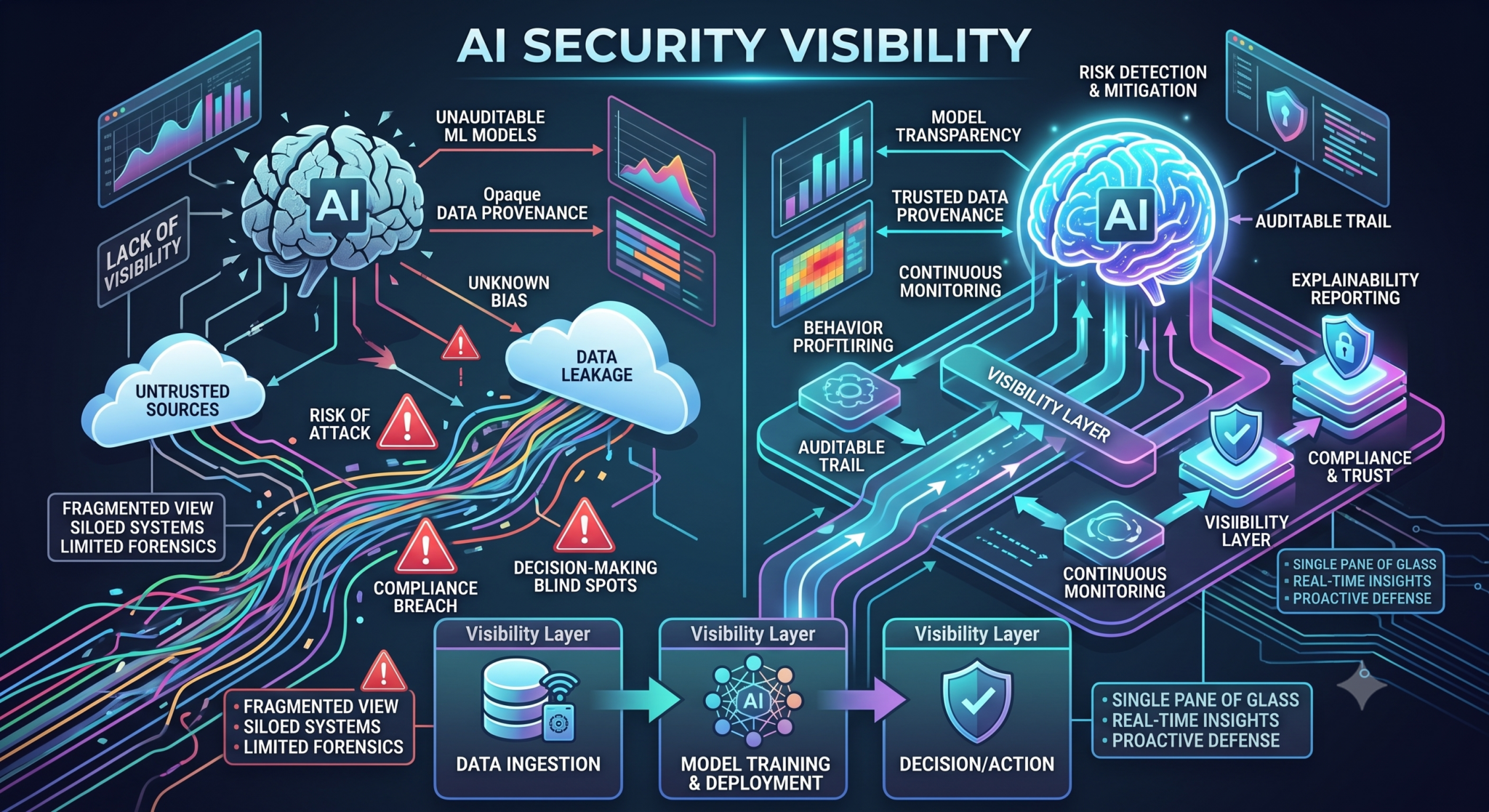 A detailed and complex infographic visualizing AI Security Visibility. It features a split-screen design. On the left, a fragmented AI brain represents a lack of visibility, highlighting risks like opaque ML models, untrusted data, blind spots, and fragmentation. On the right, a bright, structured AI brain illustrates full visibility, showcasing benefits like model transparency, Trusted Data Provenance, proactive risk detection, behavior profiling, explainability, and compliance. The entire system is visualised as an intricate network.