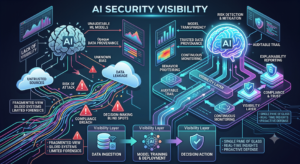 A detailed and complex infographic visualizing AI Security Visibility. It features a split-screen design. On the left, a fragmented AI brain represents a lack of visibility, highlighting risks like opaque ML models, untrusted data, blind spots, and fragmentation. On the right, a bright, structured AI brain illustrates full visibility, showcasing benefits like model transparency, Trusted Data Provenance, proactive risk detection, behavior profiling, explainability, and compliance. The entire system is visualised as an intricate network.