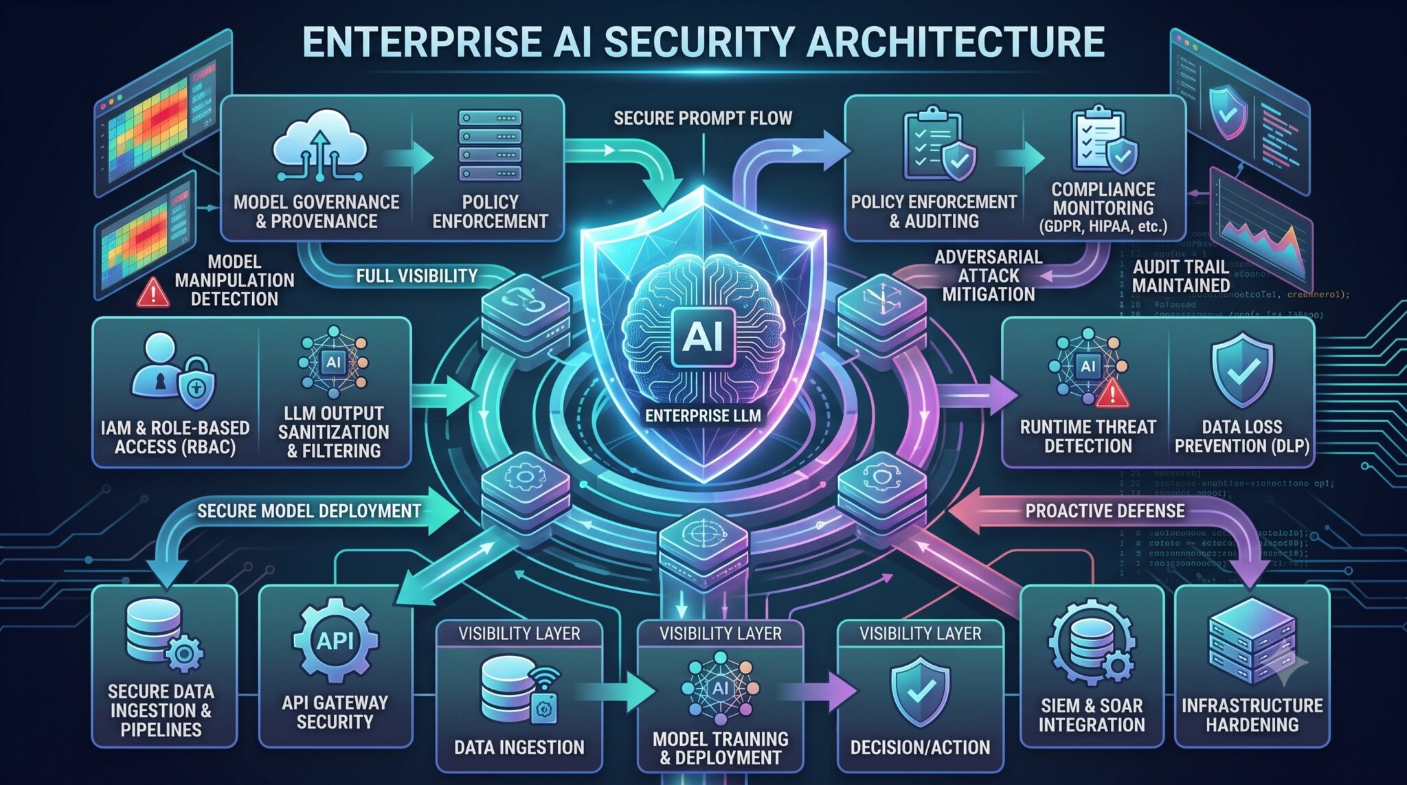 A complex and comprehensive infographic diagram visually explaining 'Enterprise AI Security Architecture'. It features a centralized, structured AI brain/data core glowing with cyan and blue pathways, enclosed within a multi-layered, faceted shield. The shield is surrounded by interconnected concentric rings and stacked modules. The layout is dense with detailed callout boxes linked by glowing pathways, contrasting safe flows (cyan/blue) and monitored areas with small red warning highlights (threats), covering all stages from 'DATA INGESTION' to 'DECISION/ACTION'. The entire design is visualised as an intricate network.