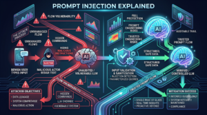 A complex and comprehensive infographic diagram visually explaining 'Prompt Injection Explained'. It uses a split-screen design. On the left, marked by red warning triangles, 'THE ATTACK PROCESS' shows a malicious actor (hooded figure) hiding commands in benign user input, leading to an override on a distressed, cracked AI brain ('UNAUDITED / VULNERABLE LLM'), resulting in 'DATA LEAKAGE' and 'MALICIOUS ACTION'. On the right, glowing with bright cyan and green, 'FULL PROTECTION' shows the same process but flowing into a robust 'INPUT VALIDATION & SANITIZATION' step and a protected, whole AI brain ('VERIFIED / CONTROLLED LLM'), leading to 'MITIGATION SUCCESS' and 'INTENDED OUTPUT ONLY'. The entire system is visualised as an intricate network.