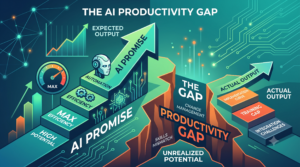 An infographic illustration visualizing "The AI Productivity Gap," contrasting a high 'Expected Output' arrow against a lower 'Actual Output' curve. The image details factors creating the gap, such as skills mismatch, implementation challenges, and integration issues.