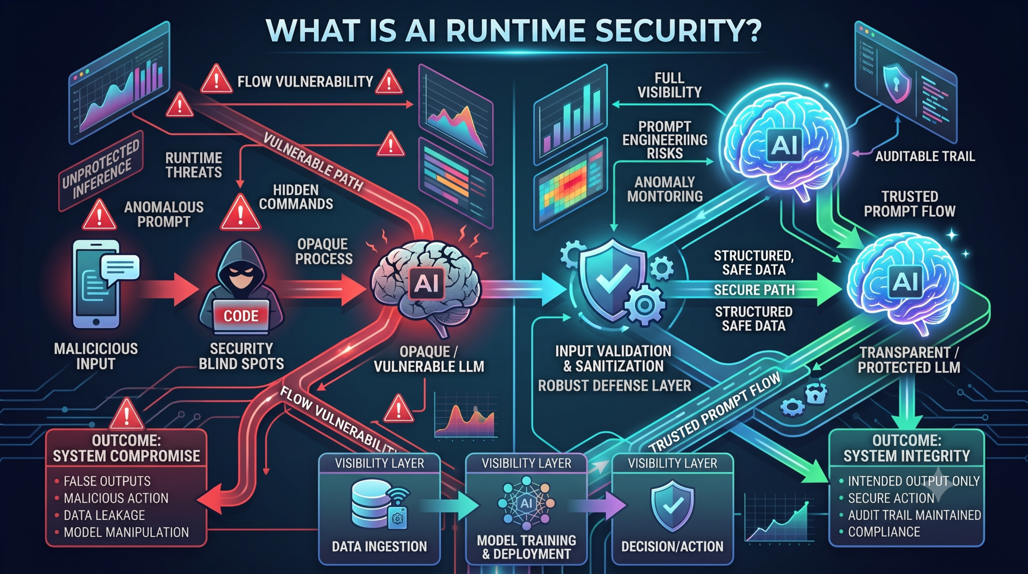 A complex and comprehensive infographic diagram visually explaining 'What is AI Runtime Security?'. It features a split-screen design. On the left, marked by red warning triangles, 'UNPROTECTED INFERENCE' shows malicious data attacking a distressed, cracked AI brain ('OPAQUE / VULNERABLE LLM'), leading to risks like 'SYSTEM COMPROMISE' and 'MALICIOUS ACTION'. On the right, glowing with bright cyan and blue, 'PROTECTED INFERENCE' shows a clean flow passing through a robust 'RUNTIME SECURITY LAYER' with 'ANOMALY DETECTION' and 'BEHAVIOR ANALYSIS' to a whole, bright AI brain ('TRANSPARENT / PROTECTED LLM'), leading to 'SYSTEM INTEGRITY' and 'INTENDED OUTPUT ONLY'. The entire design is visualised as an intricate network.