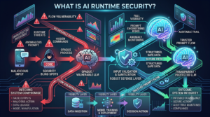 A complex and comprehensive infographic diagram visually explaining 'What is AI Runtime Security?'. It features a split-screen design. On the left, marked by red warning triangles, 'UNPROTECTED INFERENCE' shows malicious data attacking a distressed, cracked AI brain ('OPAQUE / VULNERABLE LLM'), leading to risks like 'SYSTEM COMPROMISE' and 'MALICIOUS ACTION'. On the right, glowing with bright cyan and blue, 'PROTECTED INFERENCE' shows a clean flow passing through a robust 'RUNTIME SECURITY LAYER' with 'ANOMALY DETECTION' and 'BEHAVIOR ANALYSIS' to a whole, bright AI brain ('TRANSPARENT / PROTECTED LLM'), leading to 'SYSTEM INTEGRITY' and 'INTENDED OUTPUT ONLY'. The entire design is visualised as an intricate network.